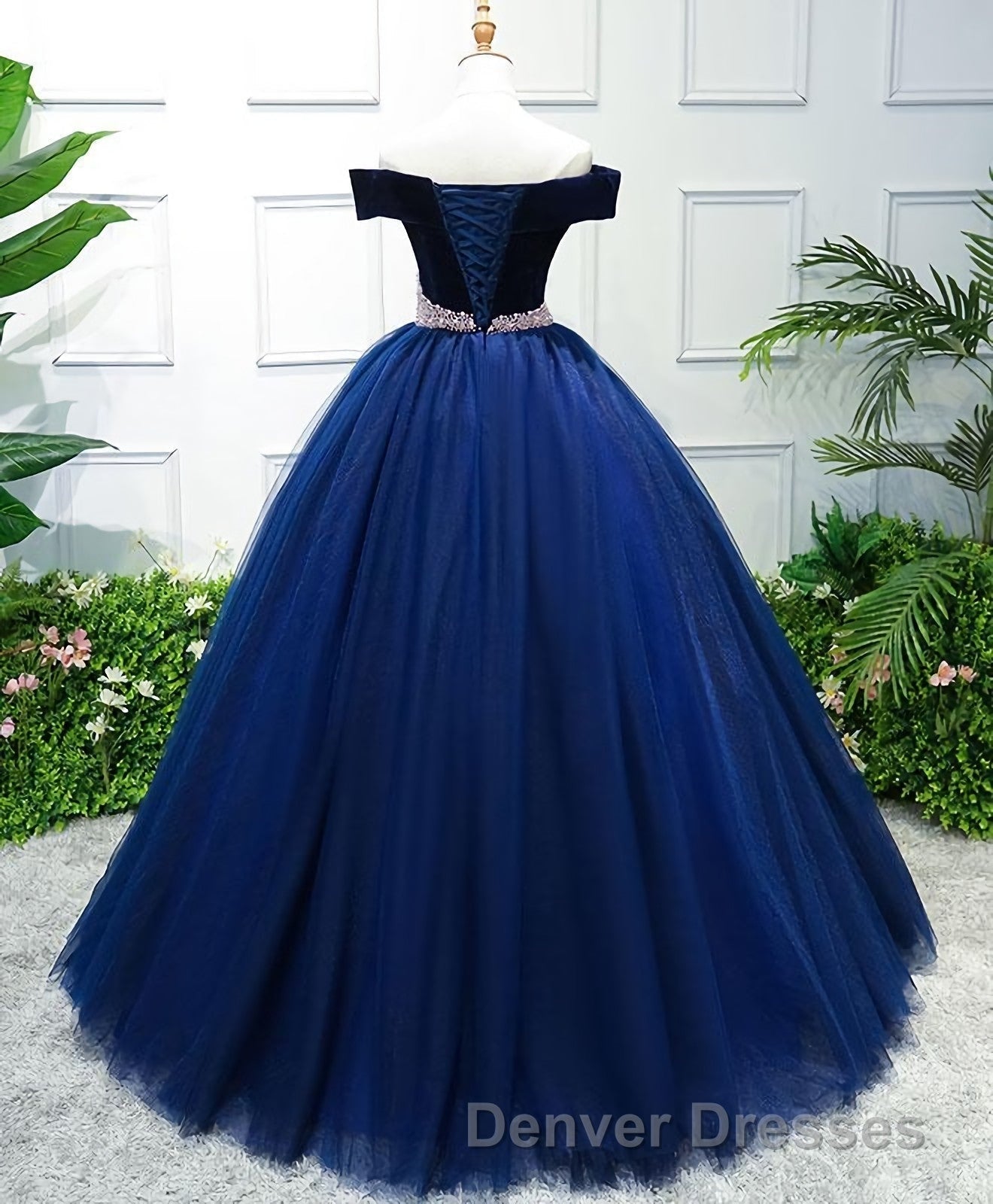 Dark Blue Tulle Off Shoulder Long Prom Dress, Blue Sweet 16 Dress Secondary image