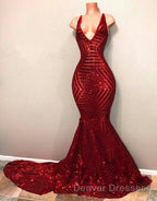 Red Sequins Shiny V-Neck Mermaid Long Prom Dress