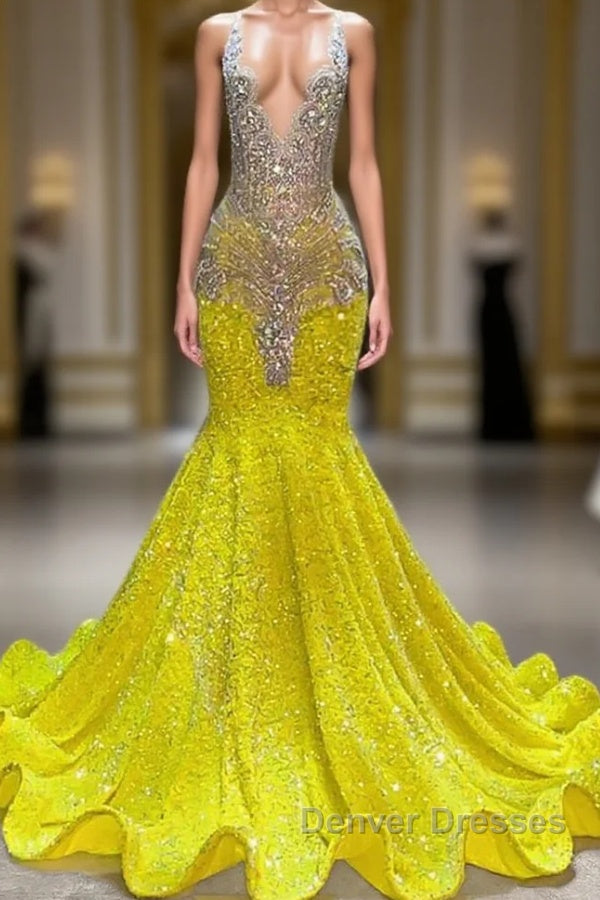 Yellow V-Neck Sleeveless Mermaid Prom Dress Featuring Beadings and Sequins