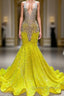 Yellow V-Neck Sleeveless Mermaid Prom Dress Featuring Beadings and Sequins