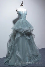 Gray Spaghetti Straps Tulle Princess Formal Evening Party Dress Long Formal Prom Dress