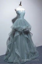 Gray Spaghetti Straps Tulle Princess Formal Evening Party Dress Long Formal Prom Dress