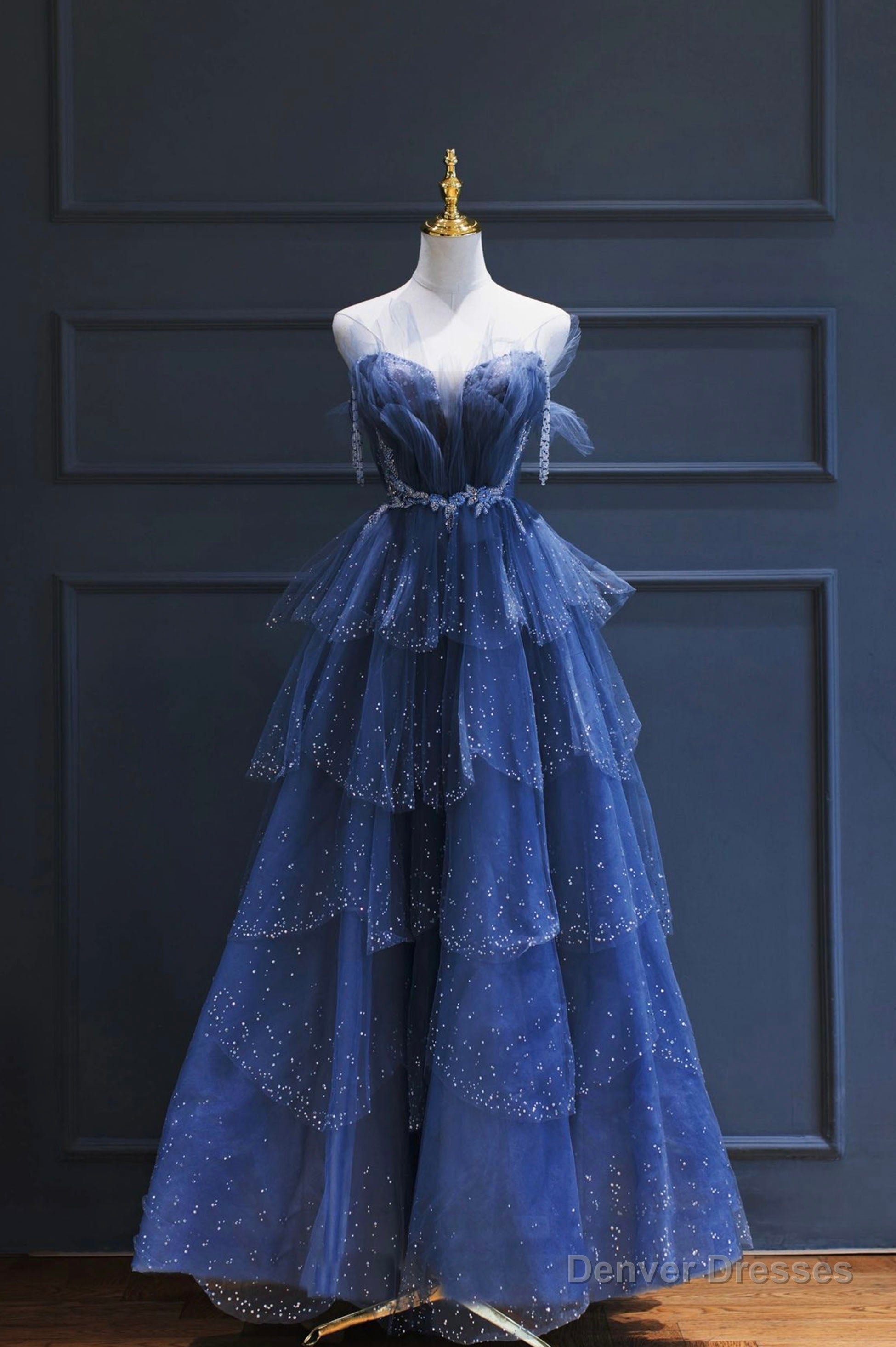 Blue Tulle Beaded Long Senior Prom Dress, A-Line Blue Formal Dress Main image