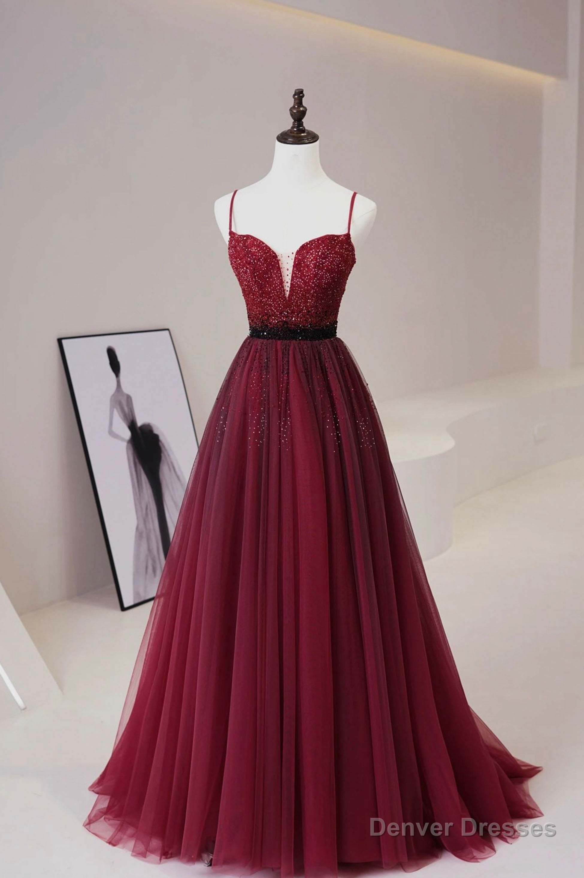 Burgundy Tulle Beaded Long Prom Dress, A-Line Spaghetti Strap Evening Dress Main image