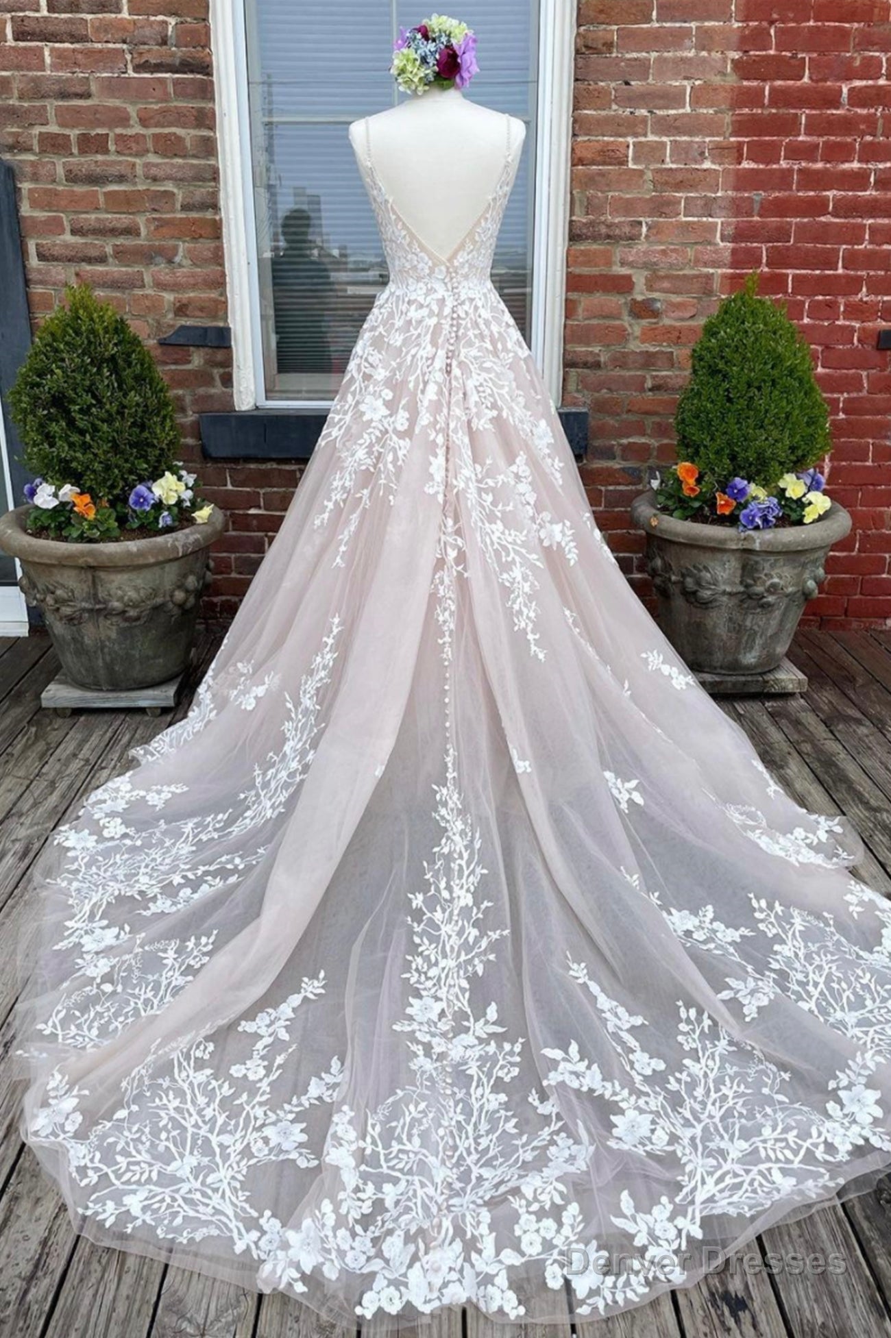 A-Line Tulle Lace Long Prom Dresses, V-Neck Backless Evening Dresses Secondary image