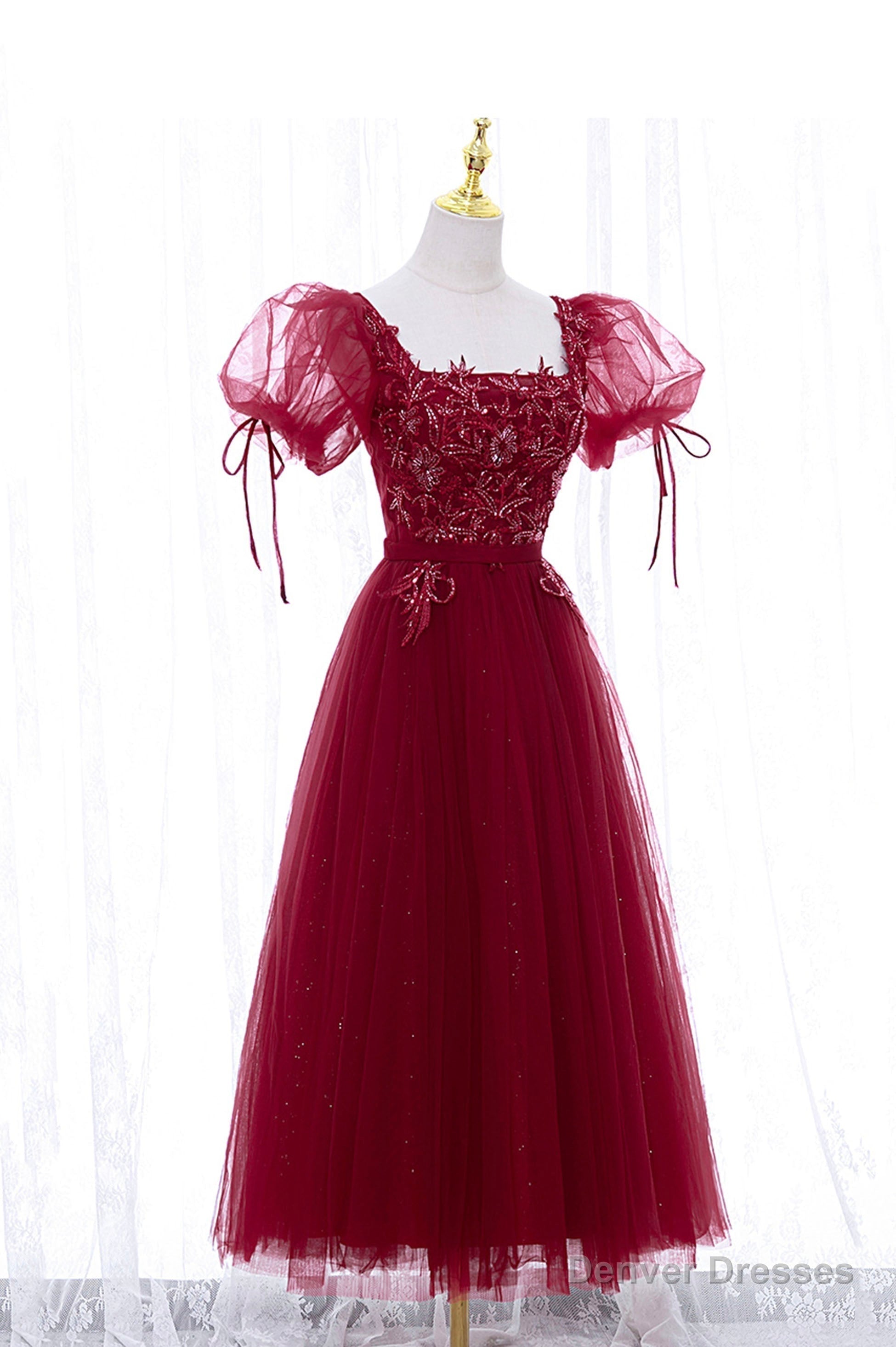 Burgundy Short Sleeve Tulle Tea Length Prom Dress, A-Line Party Dress Secondary image