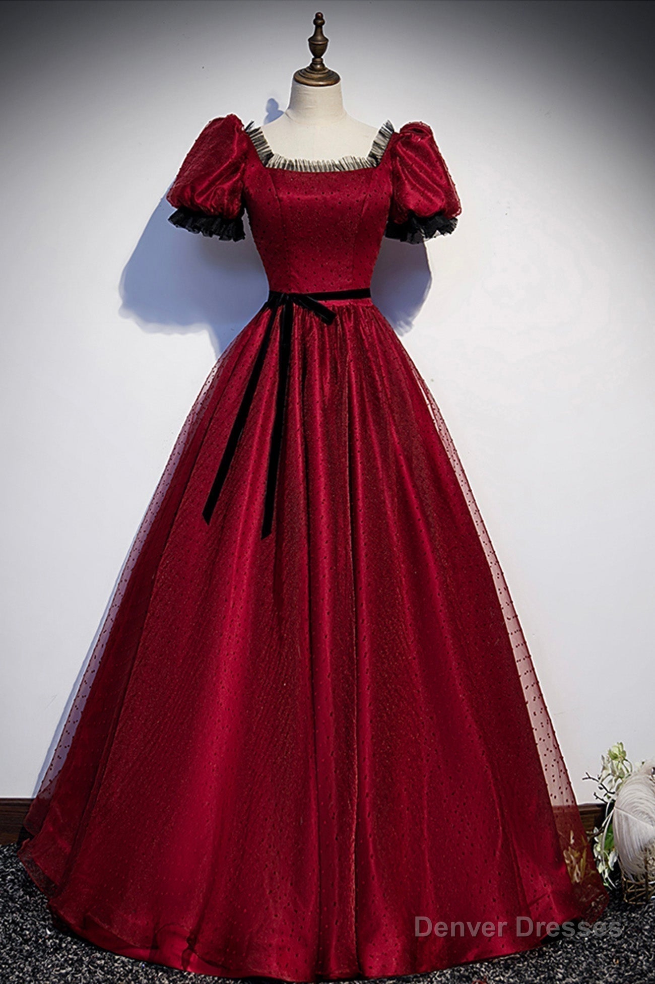 Burgundy Tulle Long Prom Dresses, A-Line Backless Evening Dresses Main image