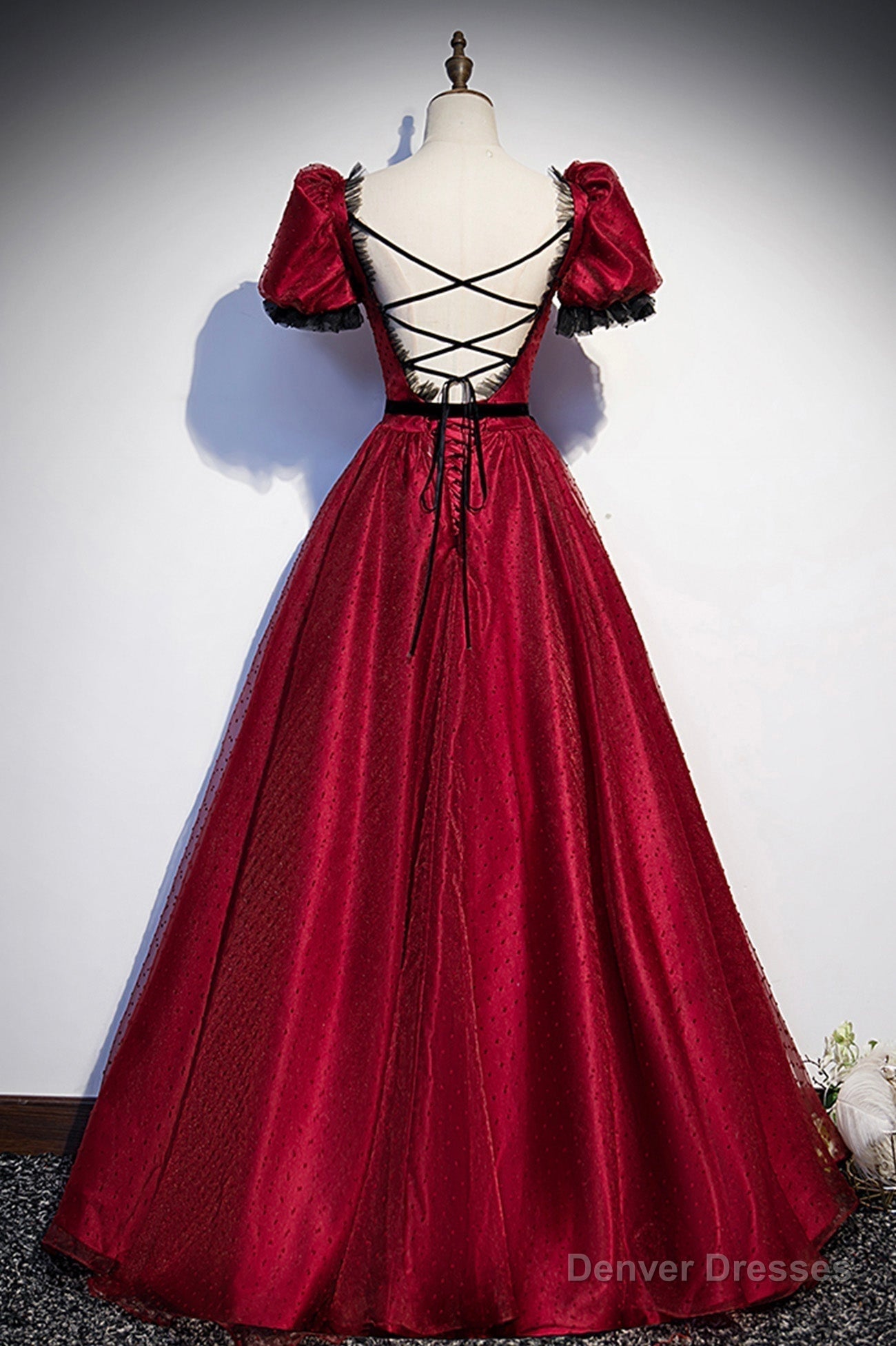 Burgundy Tulle Long Prom Dresses, A-Line Backless Evening Dresses