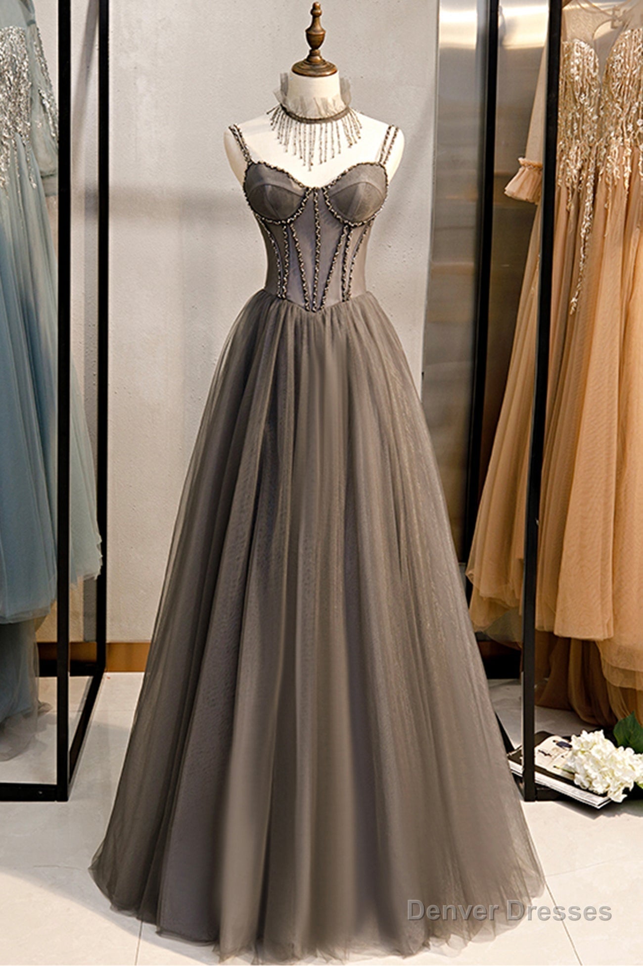 Gray Tulle Spaghetti Strap Long Prom Dresses, A-Line Evening Dresses Main image