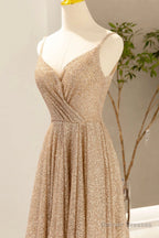 Gold V-Neck Sequins Long Prom Dress, A-Line Evening Party Dress