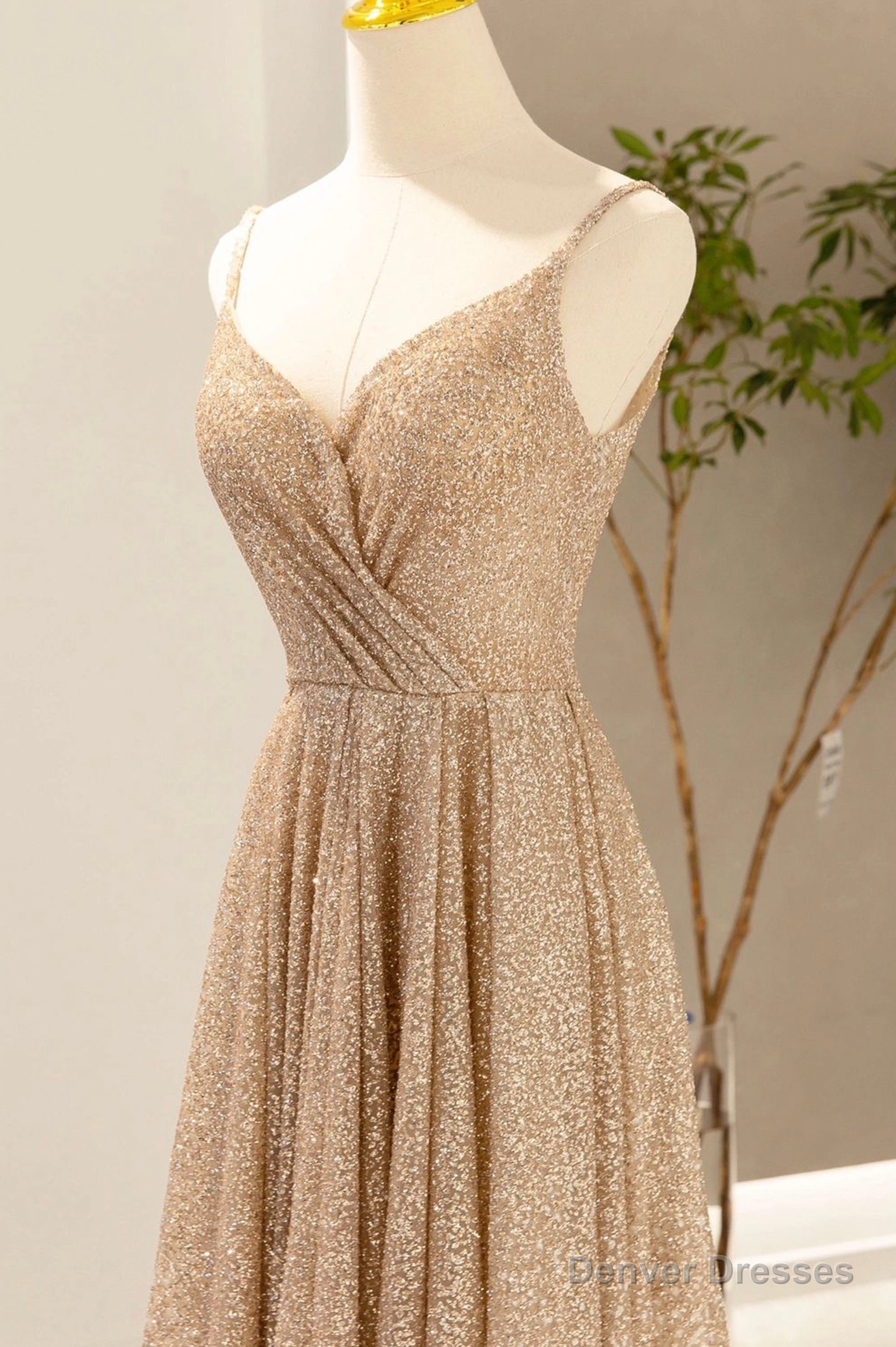 Gold V-Neck Sequins Long Prom Dress, A-Line Evening Party Dress