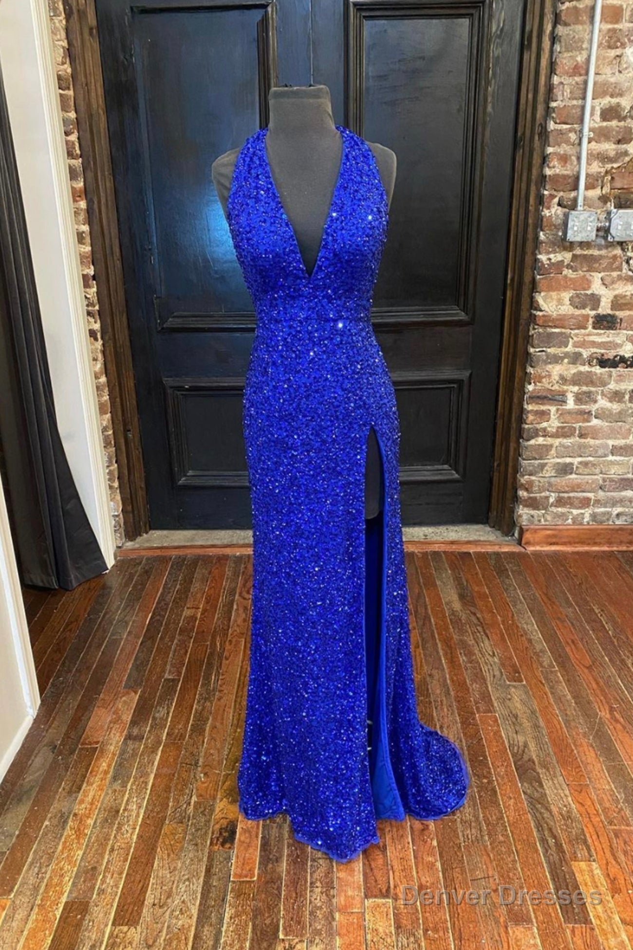 Blue V-Neck Sequins Long Prom Dresses, Blue Formal Evening Dresses Main image