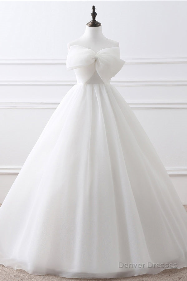 Elegant Strapless White Long Wedding Dress with Bow