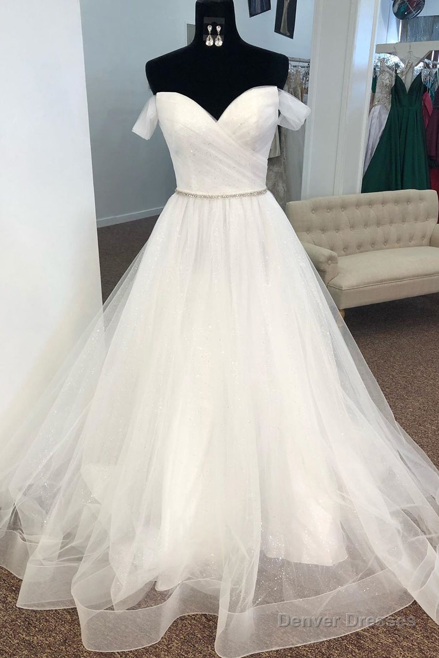 Off the Shoulder Pleated Wedding Dress with Beaded Waist Main image