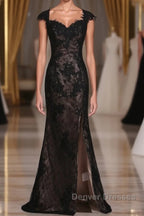 Black Off The Shoulder Sheath Prom Dress Lace&Tulle Floor Length With Applique & Slit