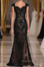 Black Off The Shoulder Sheath Prom Dress Lace&Tulle Floor Length With Applique & Slit