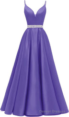 Spaghetti Straps Prom Dresses Long Satin Beaded V-Neck Formal Evening Party Ball Gowns with Pockets