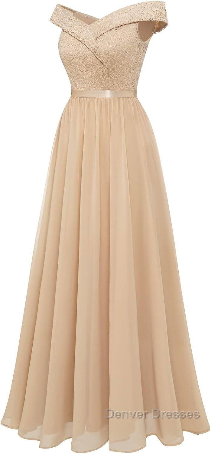 Womens Lace Bridesmaid Dress A-Line Off Shoulder Floral Lace Chiffon Prom Dress