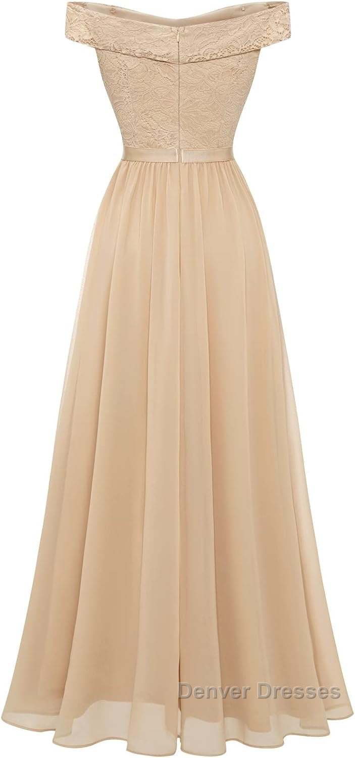 Womens Lace Bridesmaid Dress A-Line Off Shoulder Floral Lace Chiffon Prom Dress
