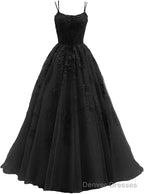 Womens Lace Appliques Prom Dresses Long Spaghetti Strap Ball Gowns Tulle Formal Dress for Party
