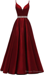 Spaghetti Straps Prom Dresses Long Satin Beaded V-Neck Formal Evening Party Ball Gowns with Pockets