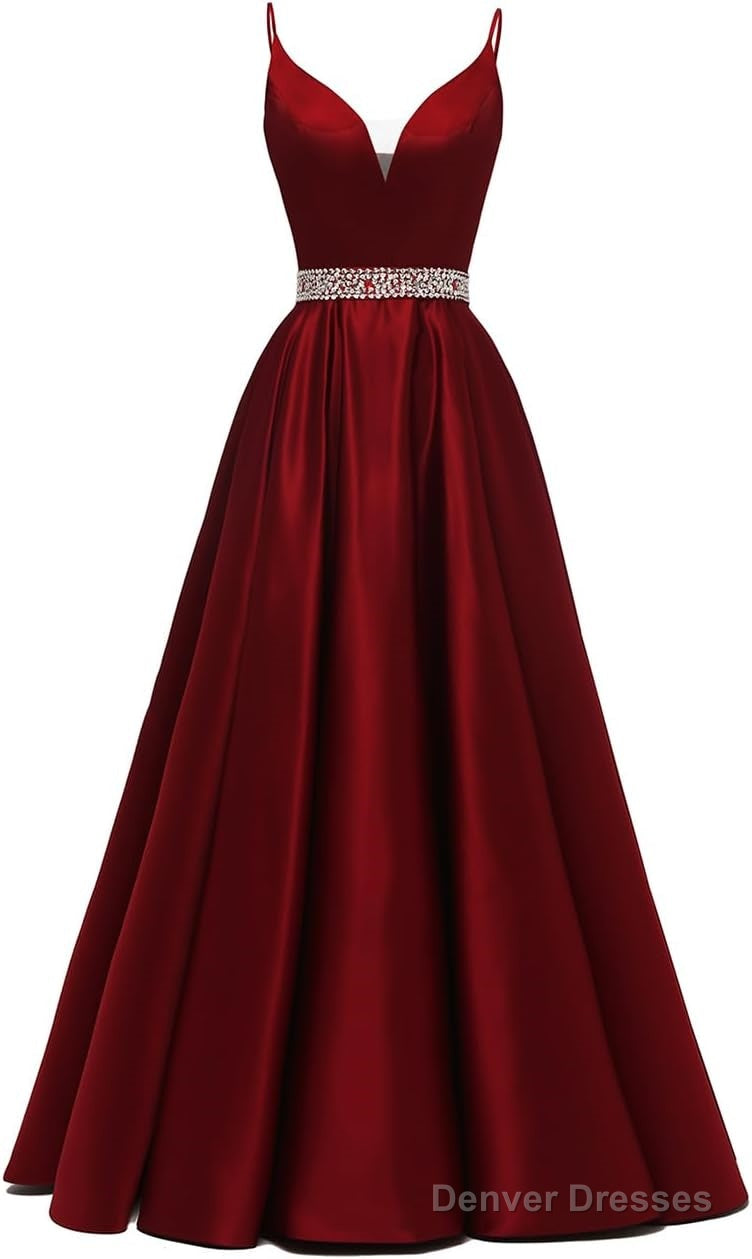 Spaghetti Straps Prom Dresses Long Satin Beaded V-Neck Formal Evening Party Ball Gowns with Pockets