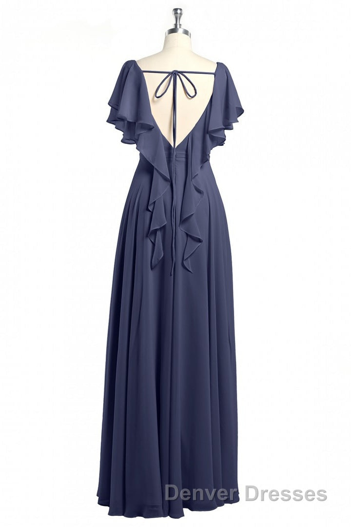Navy Blue V-Neck Backless Ruffled A-Line Long Dress Secondary image