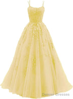 Womens Lace Appliques Prom Dresses Long Spaghetti Strap Ball Gowns Tulle Formal Dress for Party