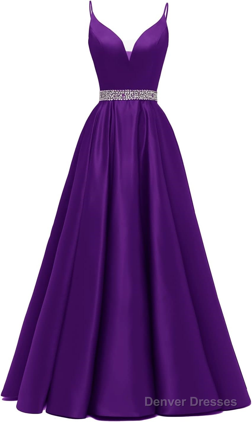 Spaghetti Straps Prom Dresses Long Satin Beaded V-Neck Formal Evening Party Ball Gowns with Pockets
