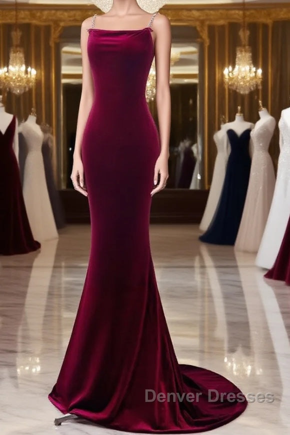 Simple Velvet Mermaid Burgundy Long Prom Dress, Burgundy Long Formal Dress Main image