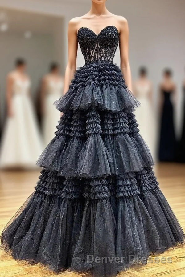 Black Sweetheart Neck Tulle Lace Long Prom Dress, Black Formal Evening Dress Main image