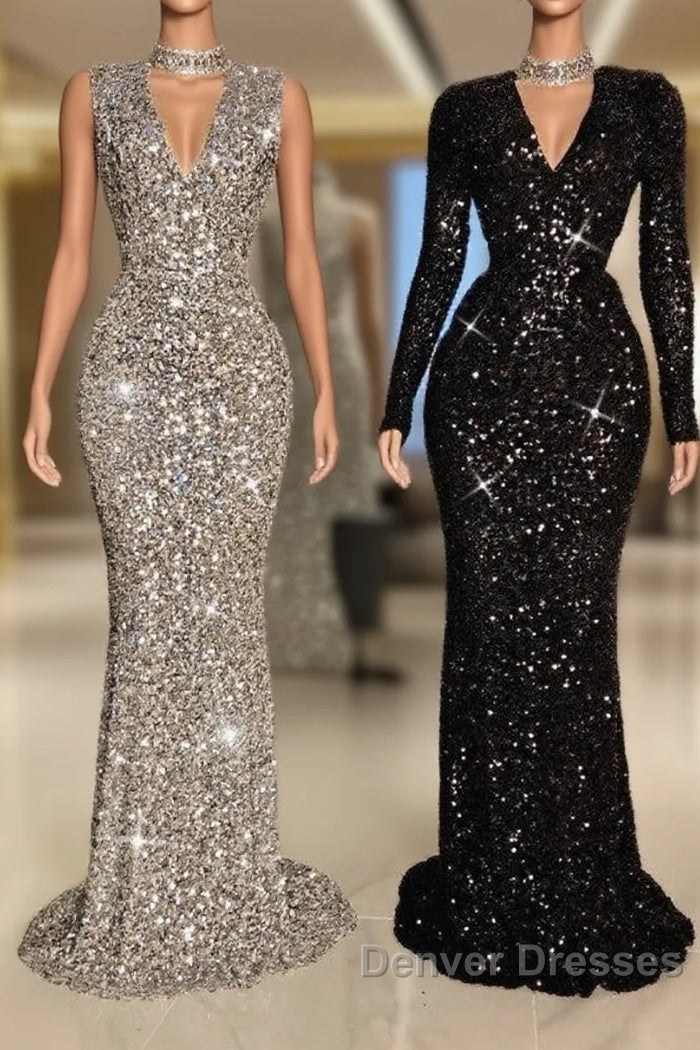 Glitter Long V-neck Sequined Floor Length Mermaid Prom Dress with Sleeves Main image