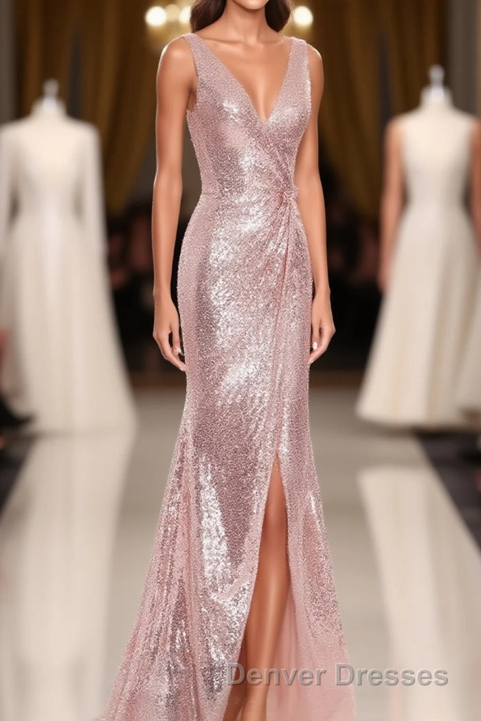 Rose Gold Sequin V-neck Long Formal Dress with Slit