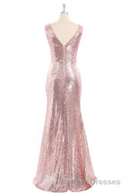 Rose Gold Sequin V-neck Long Formal Dress with Slit