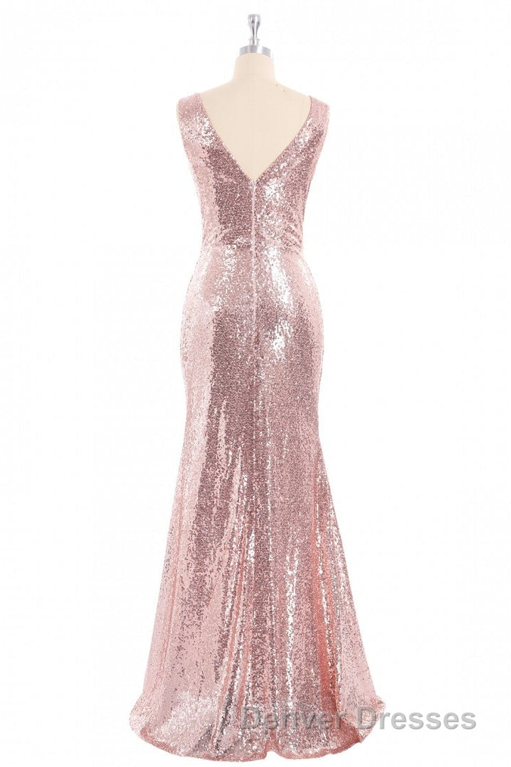 Rose Gold Sequin V-neck Long Formal Dress with Slit