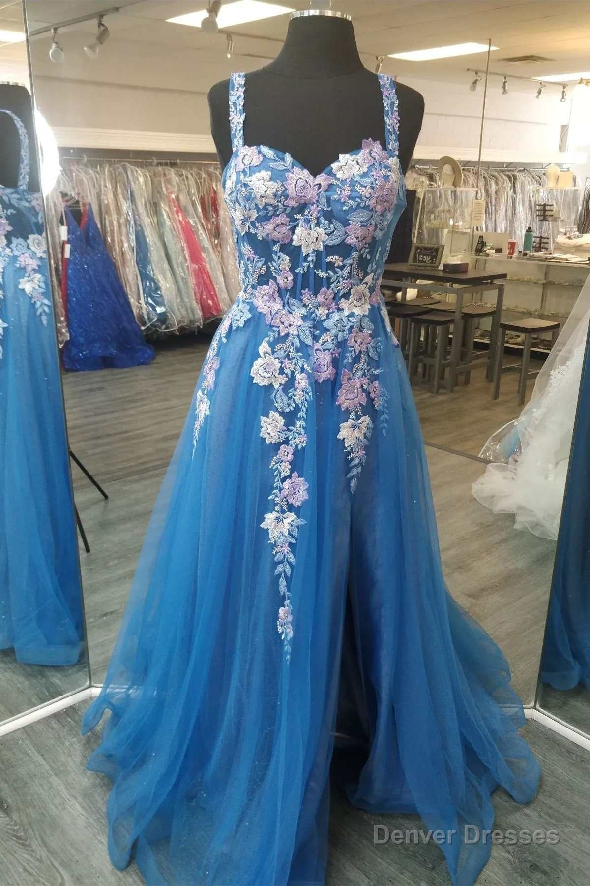 Blue Sweetheart A-Line Prom Gown with Floral Appliques Main image