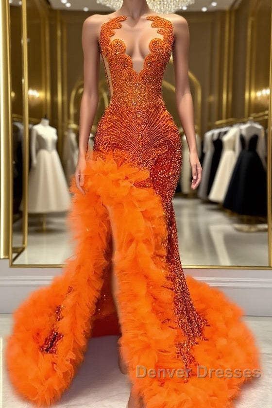 Orange Sleeveless Mermaid Prom Dress with Side Slit and Tulle Beadings Main image
