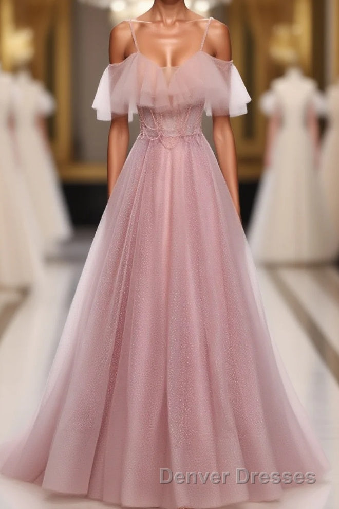 Pink Sweetheart Tulle Long Prom Dress, Pink Tulle Formal Dress, 1