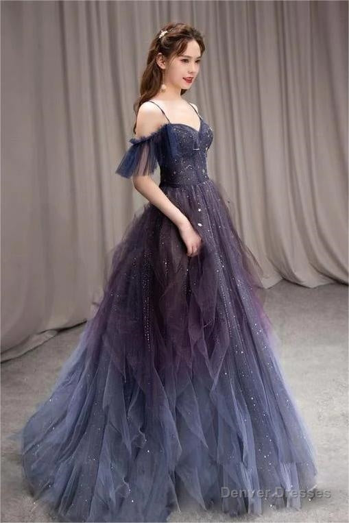 A-line Dark Purple Ombre Tulle Evening Party Dresses Long Prom Dresses