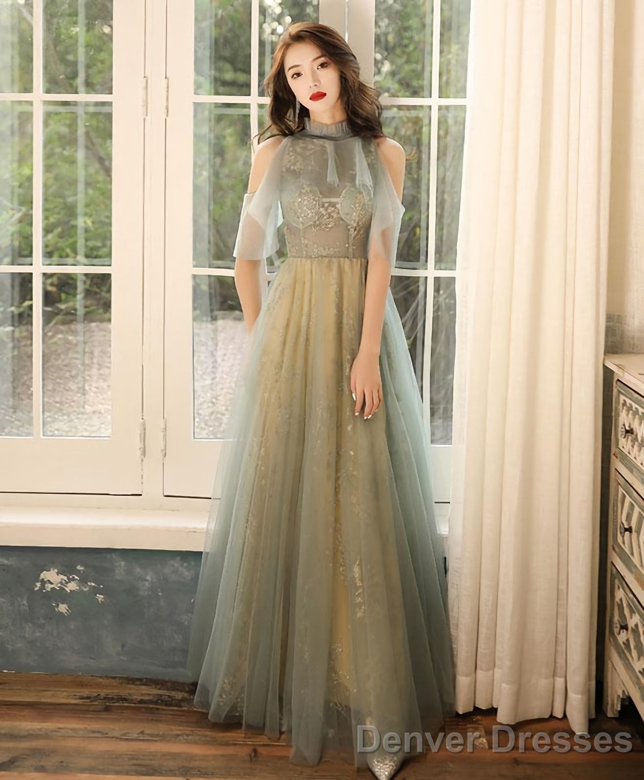 Green Tulle Hight Neck Tulle Lace Long Prom Dress Tulle Formal Dress Main image