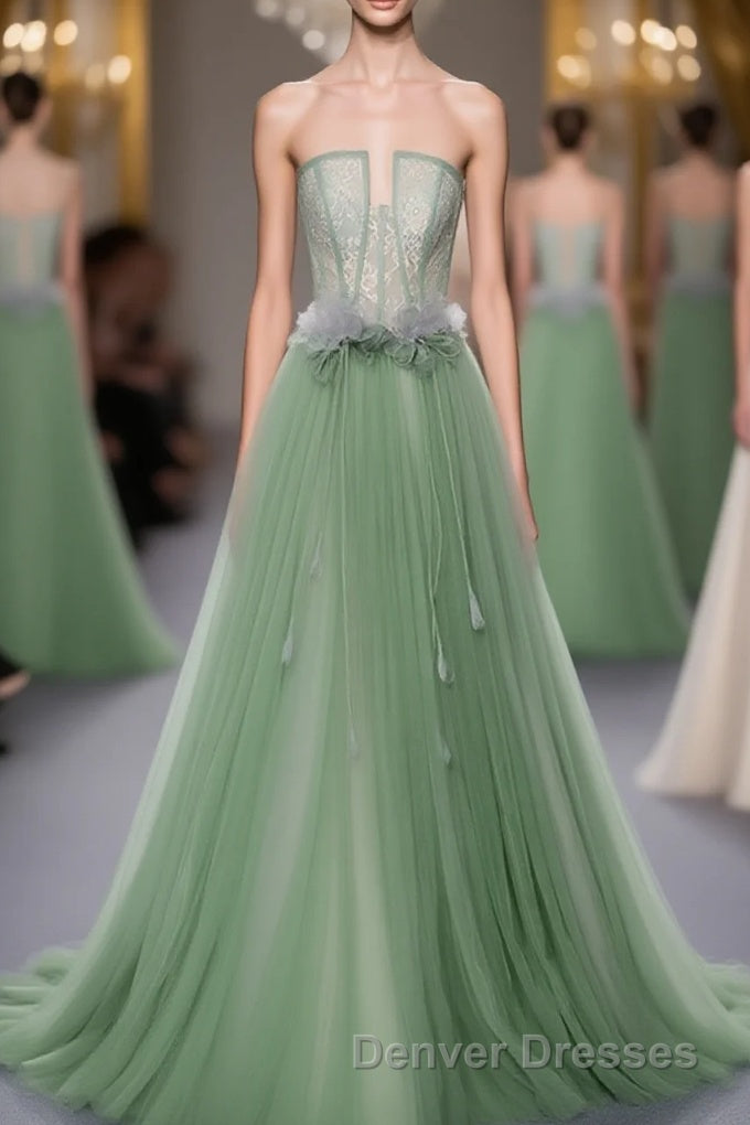 Green Tulle Lace Long Prom Dress, Green Tulle Evening Dress, 3 Main image