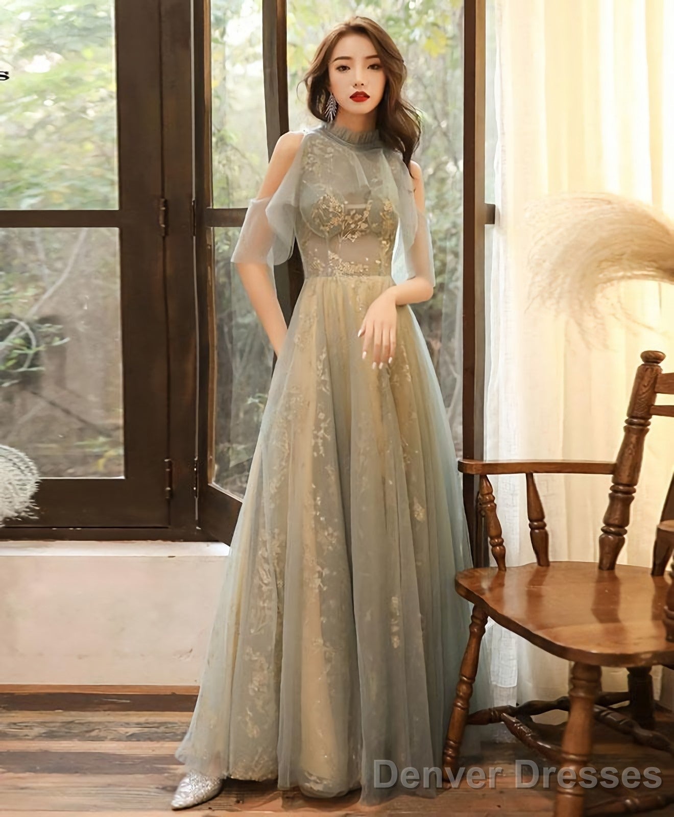 Green Tulle Hight Neck Tulle Lace Long Prom Dress Tulle Formal Dress