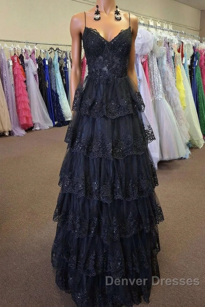 Straps Black Appliques Tulle Ruffle A-line Prom Dress Main image