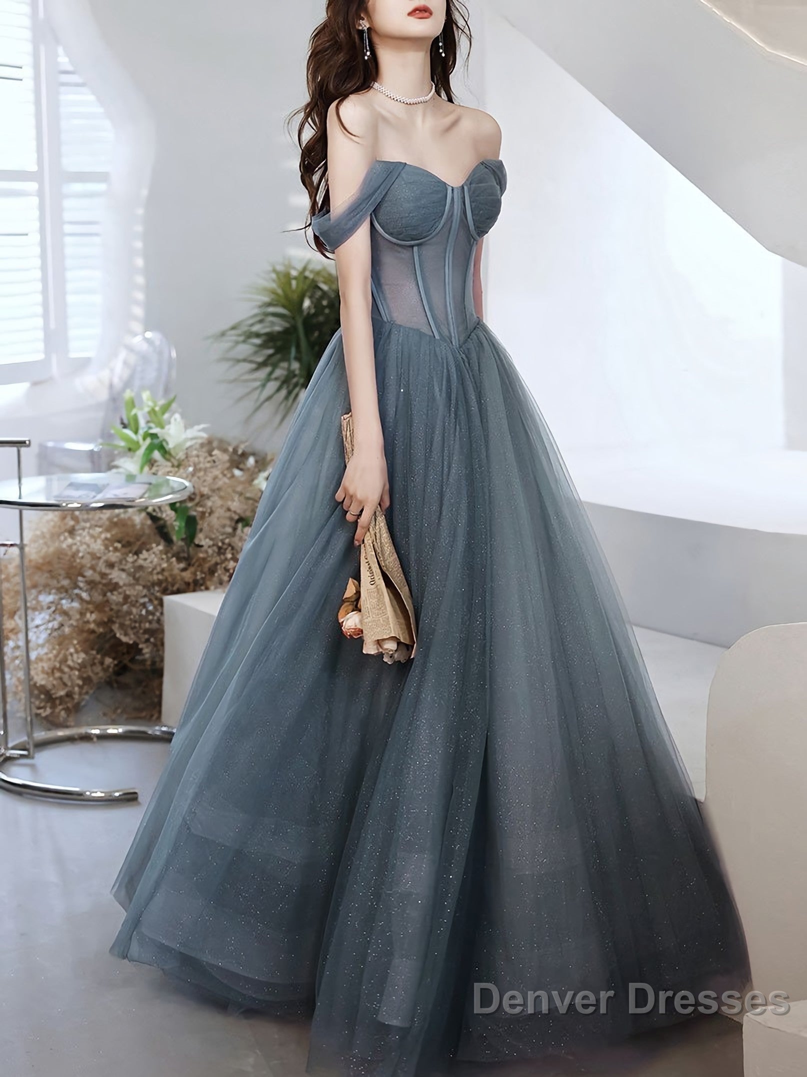 A Line Sweetheart Neck Gray Blue Tulle Long Prom Dress, Blue Evening Dress Main image