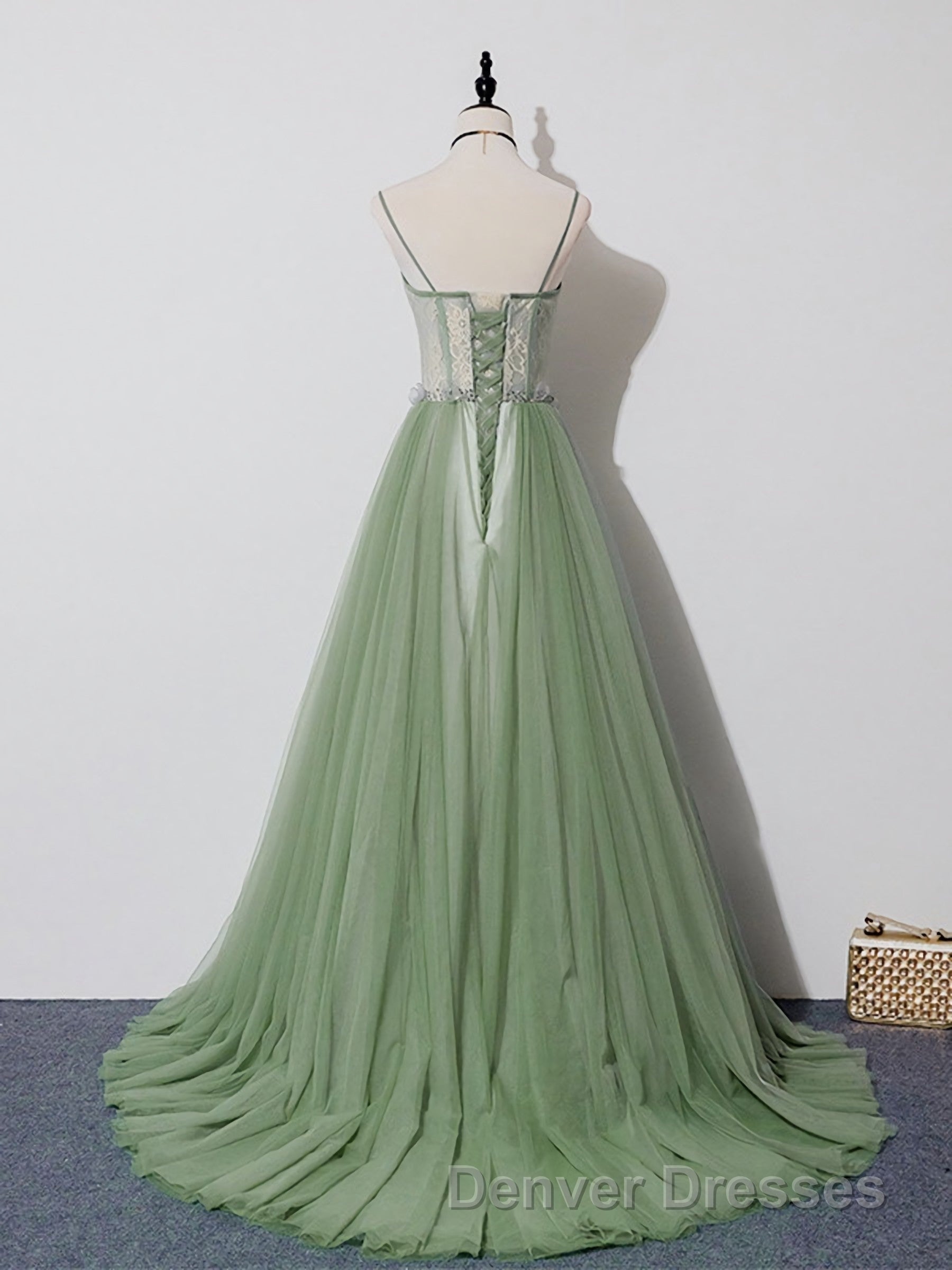 Green Tulle Lace Long Prom Dress, Green Tulle Evening Dress, 3 Secondary image