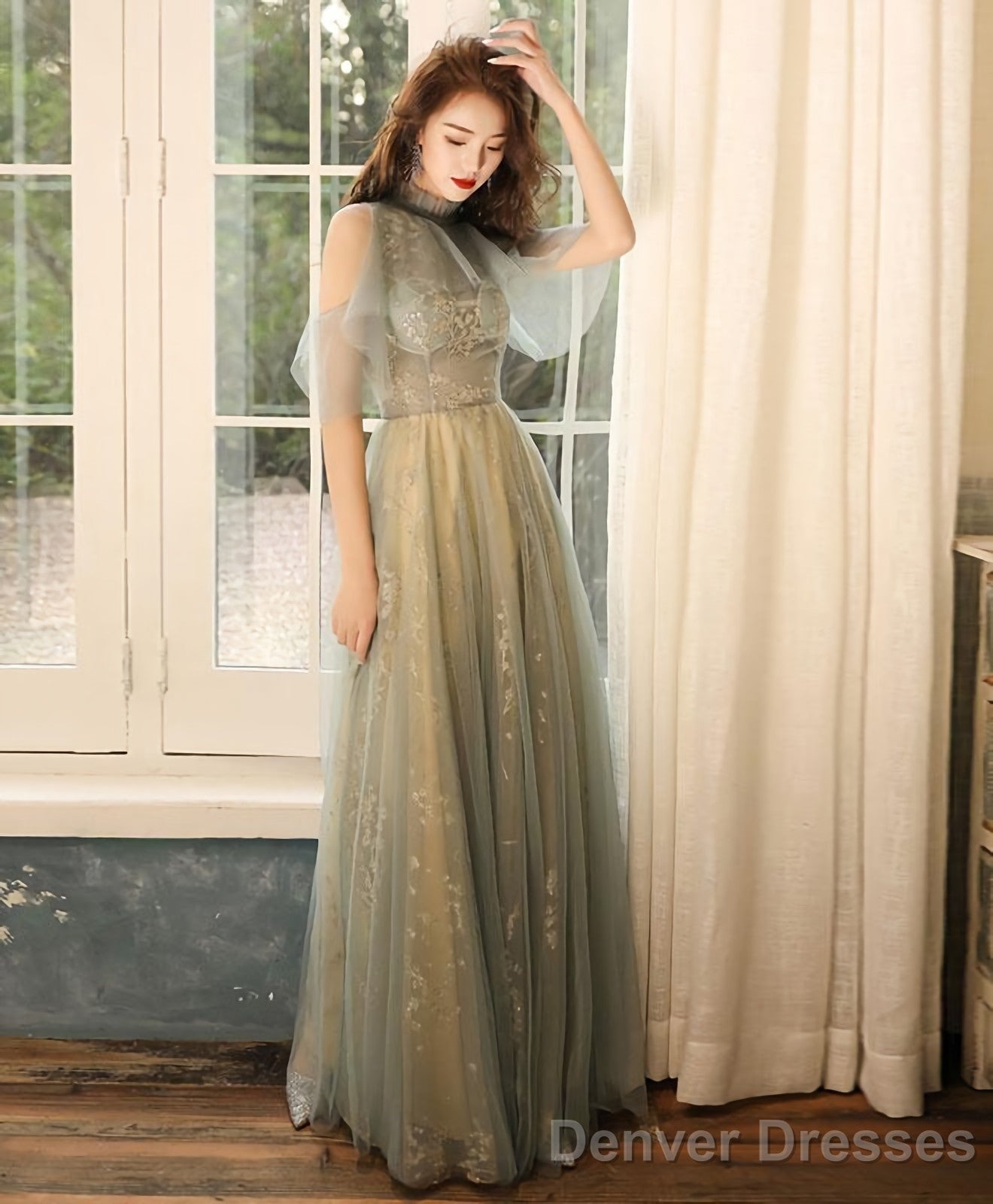 Green Tulle Hight Neck Tulle Lace Long Prom Dress Tulle Formal Dress