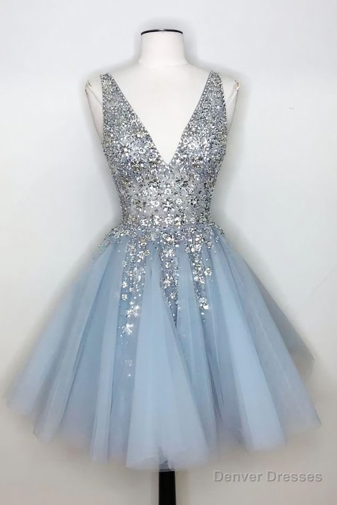 V Neck Light Sky Blue Homecoming Dress With Sequins 5933 Main image