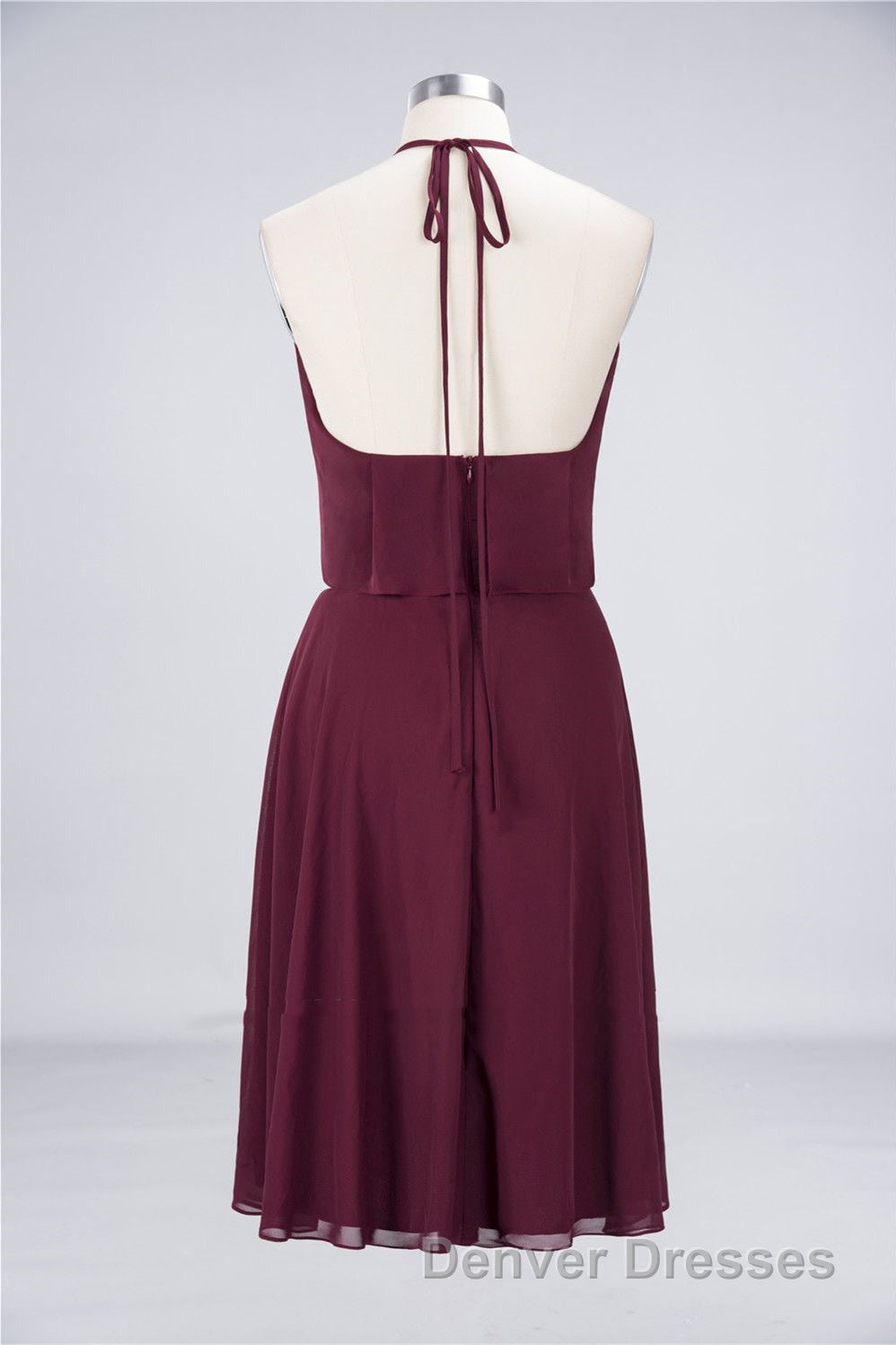 Burgundy Halter Backless Ruffled A-Line Short Dress Secondary image