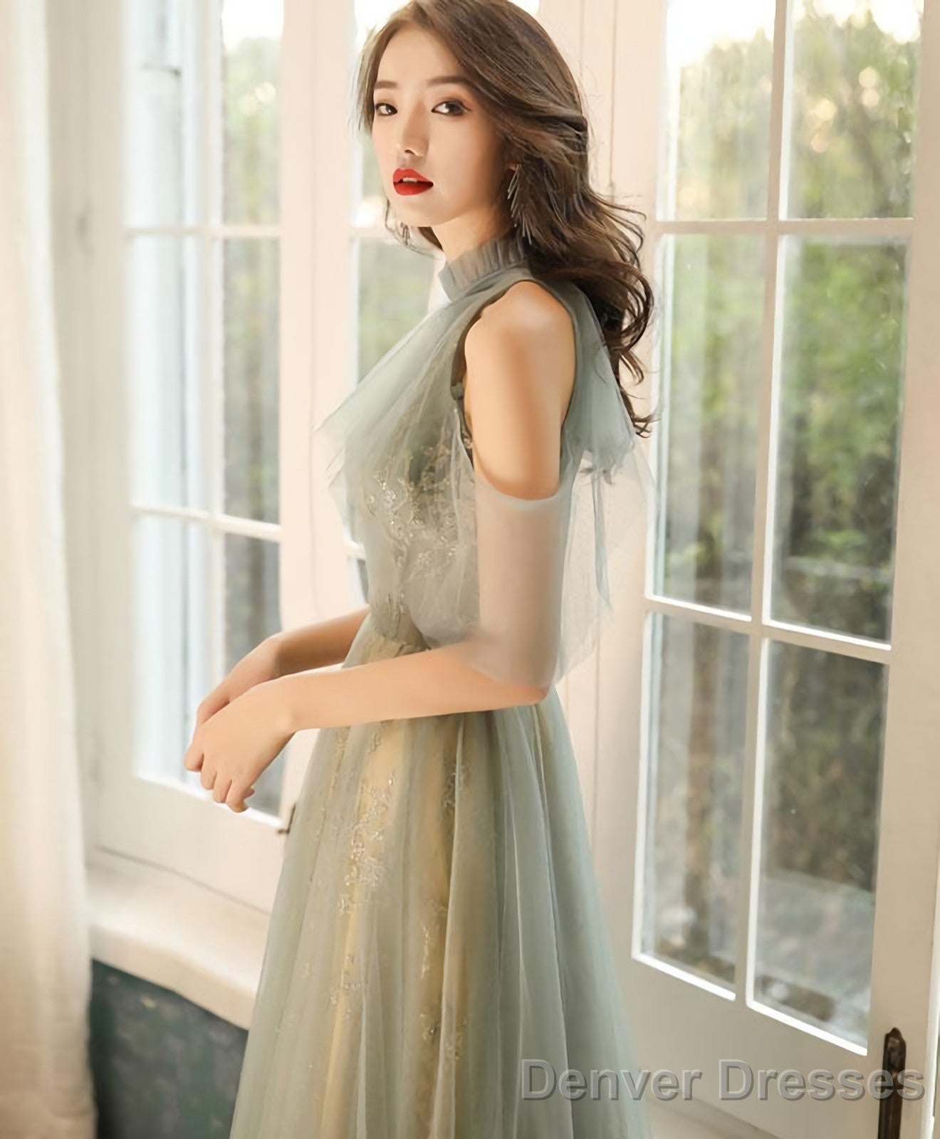 Green Tulle Hight Neck Tulle Lace Long Prom Dress Tulle Formal Dress