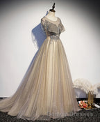 Champagne Round Neck Sequin Long Prom Dress, Tulle Formal Dress